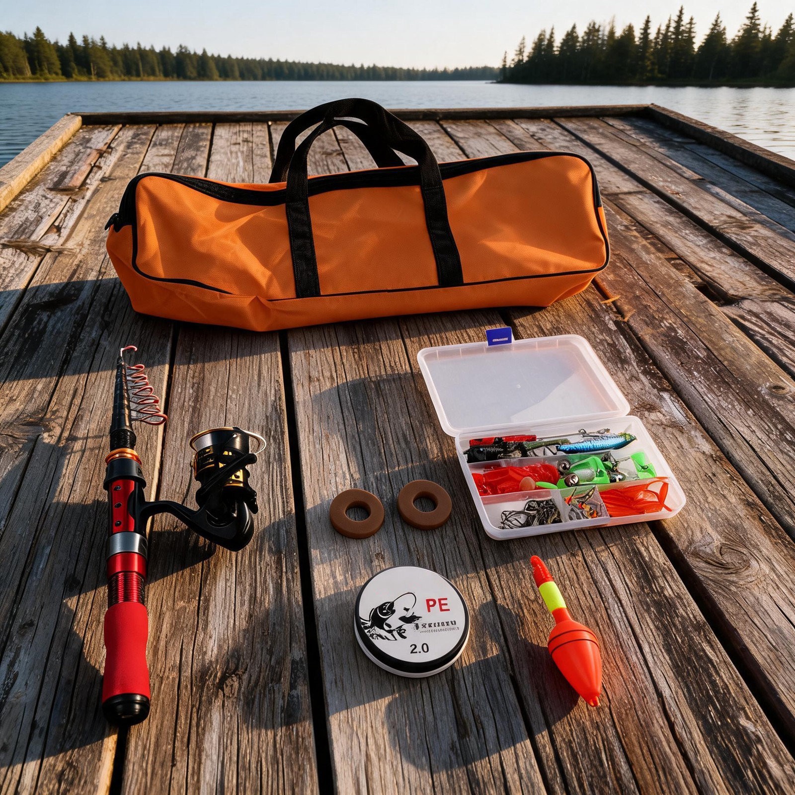 Portable Red Fishing Rod Set 1 to 2 Short Sea Pole with Hook Lures and Bag