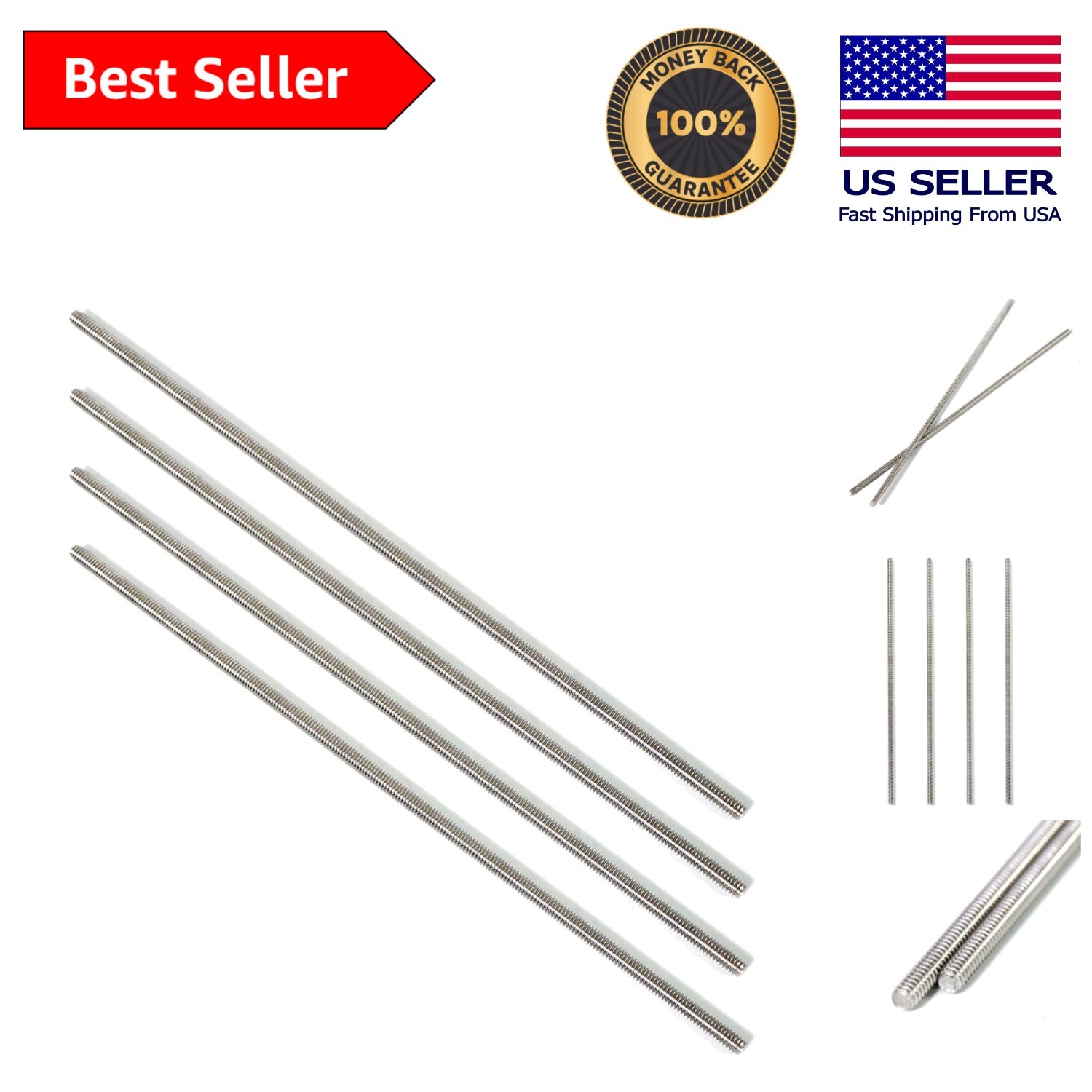 Versatile 304 Stainless Steel Fully Threaded Rod, 5/16″-18, 12″ Length – 4 Count