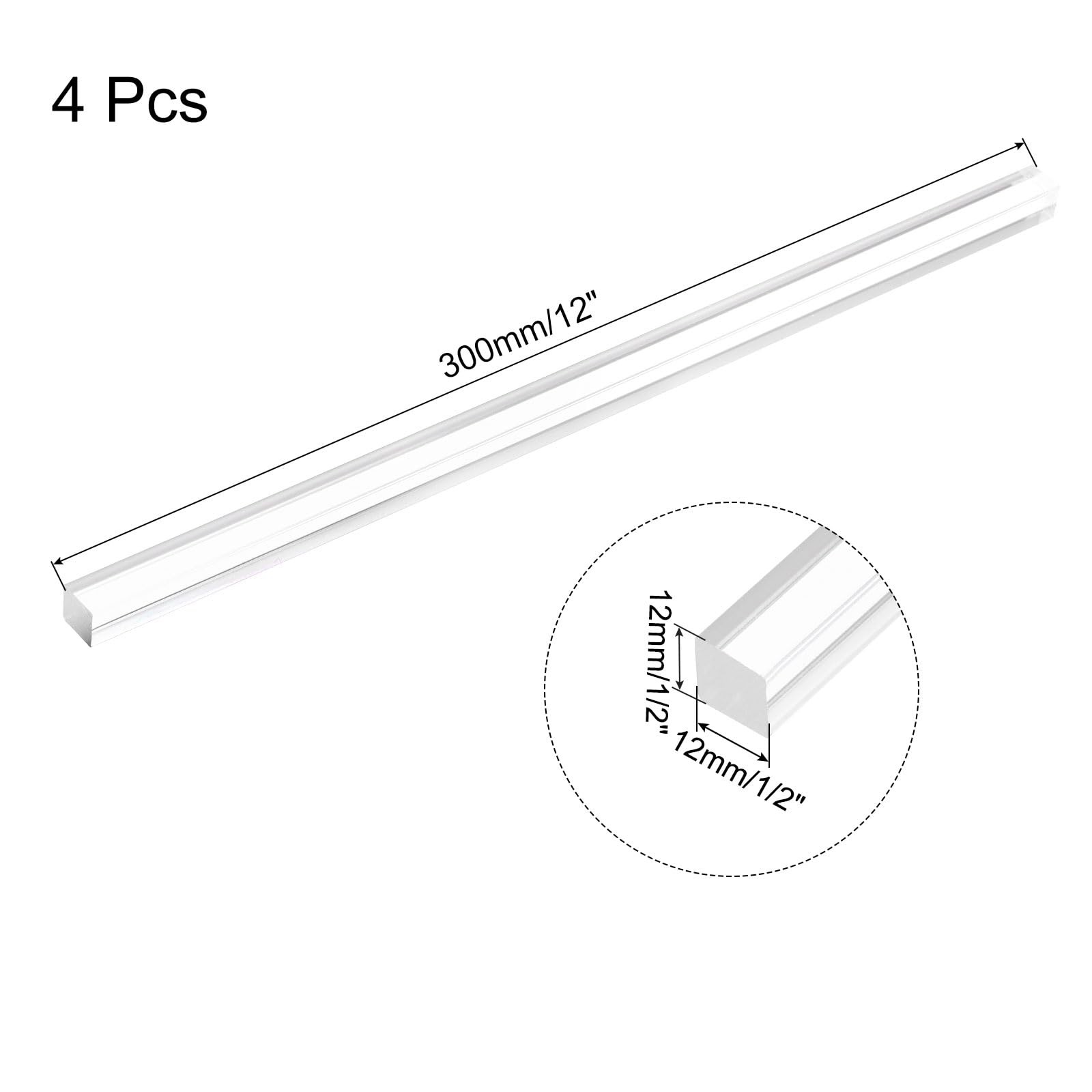 4 PCS Clear Acrylic Square Rods 1/2×12 Inch Dowel Sticks 12x300mm Plastic Strip