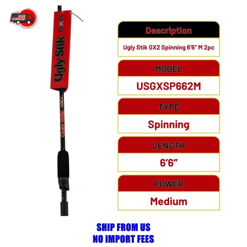 Ugly Stik GX2 Spinning Rod, 6’6″ Medium Fishing Rod, 2 Piece