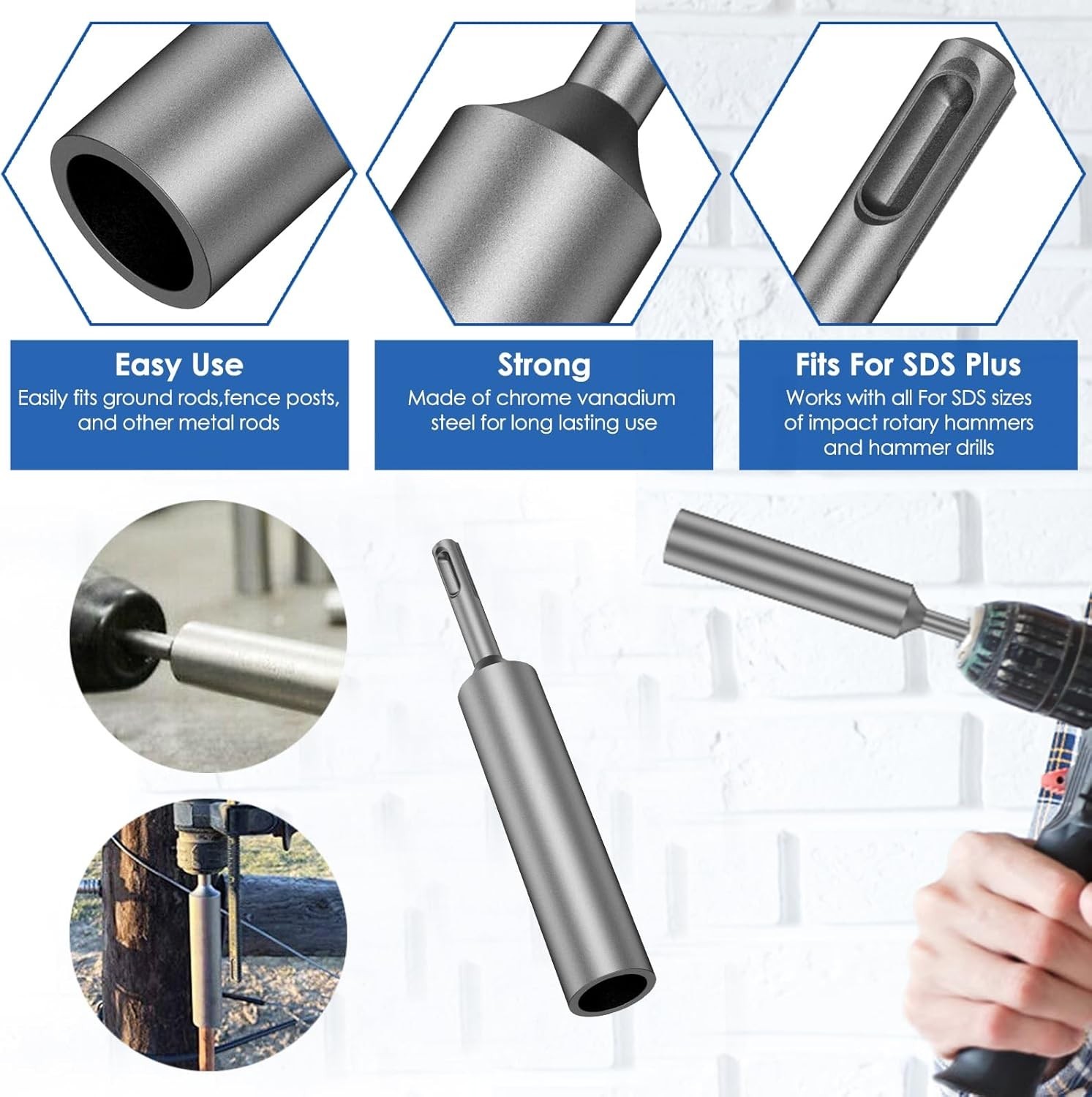 Hardened Steel Ground Rod Drivers – 2-Piece SDS Plus Set for Easy Installation