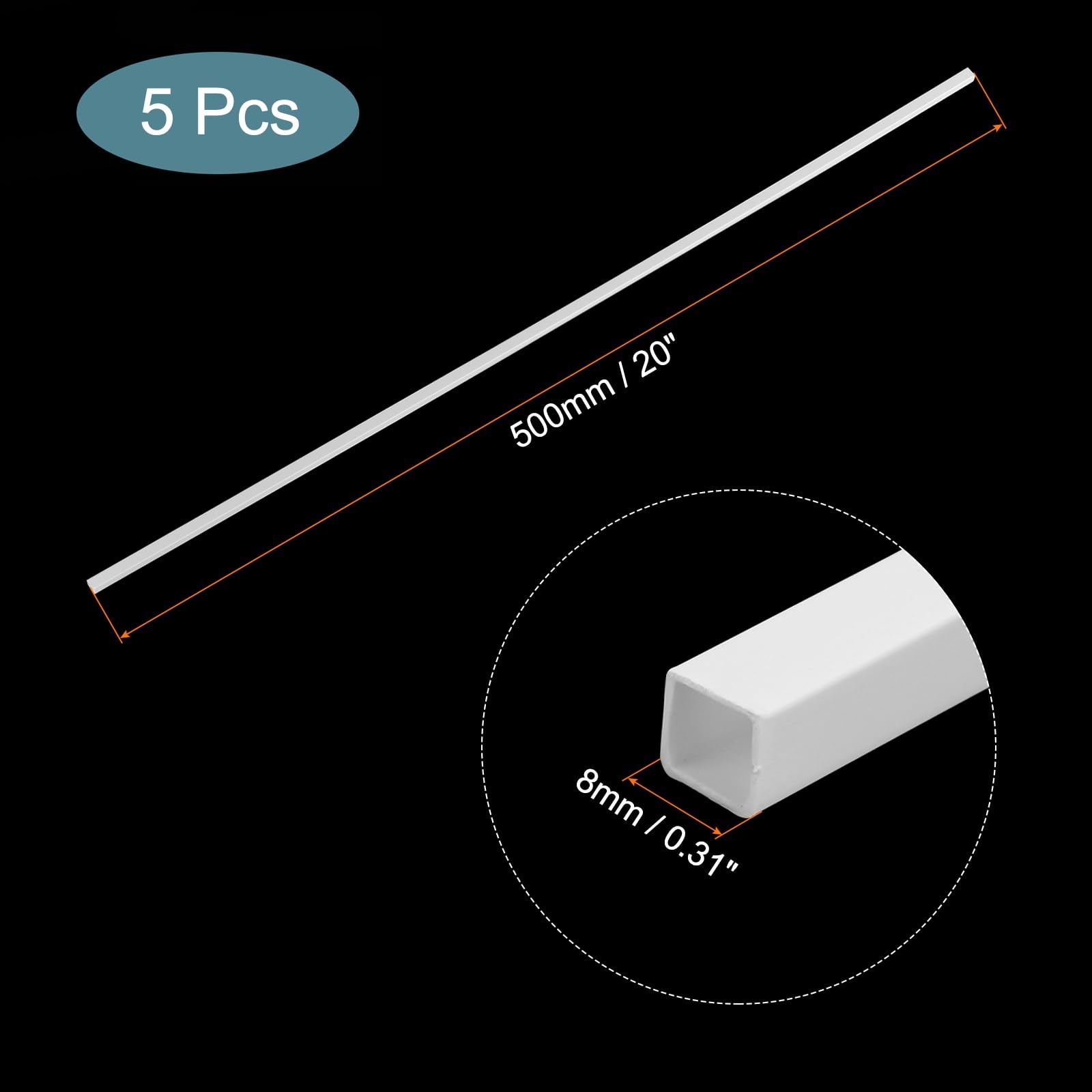 5 PCS 20 Inch Plastic Model Tube ABS Solid Square Bar 0.31×0.31 Inch White
