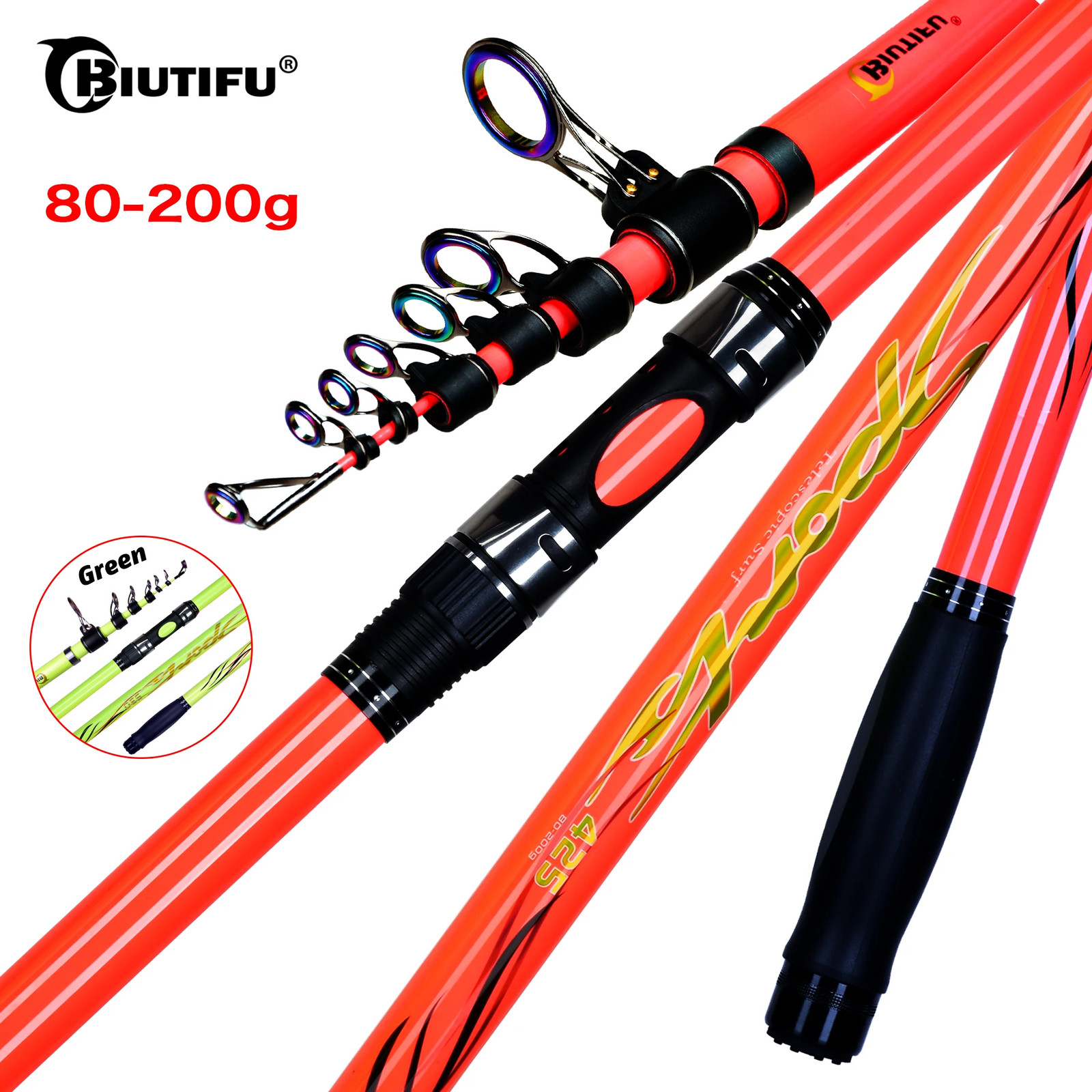 BIUTIFU Telescopic Surf Fishing Rod 4.2-5.0m Carbon Fiber Heavy Casting 80-200g