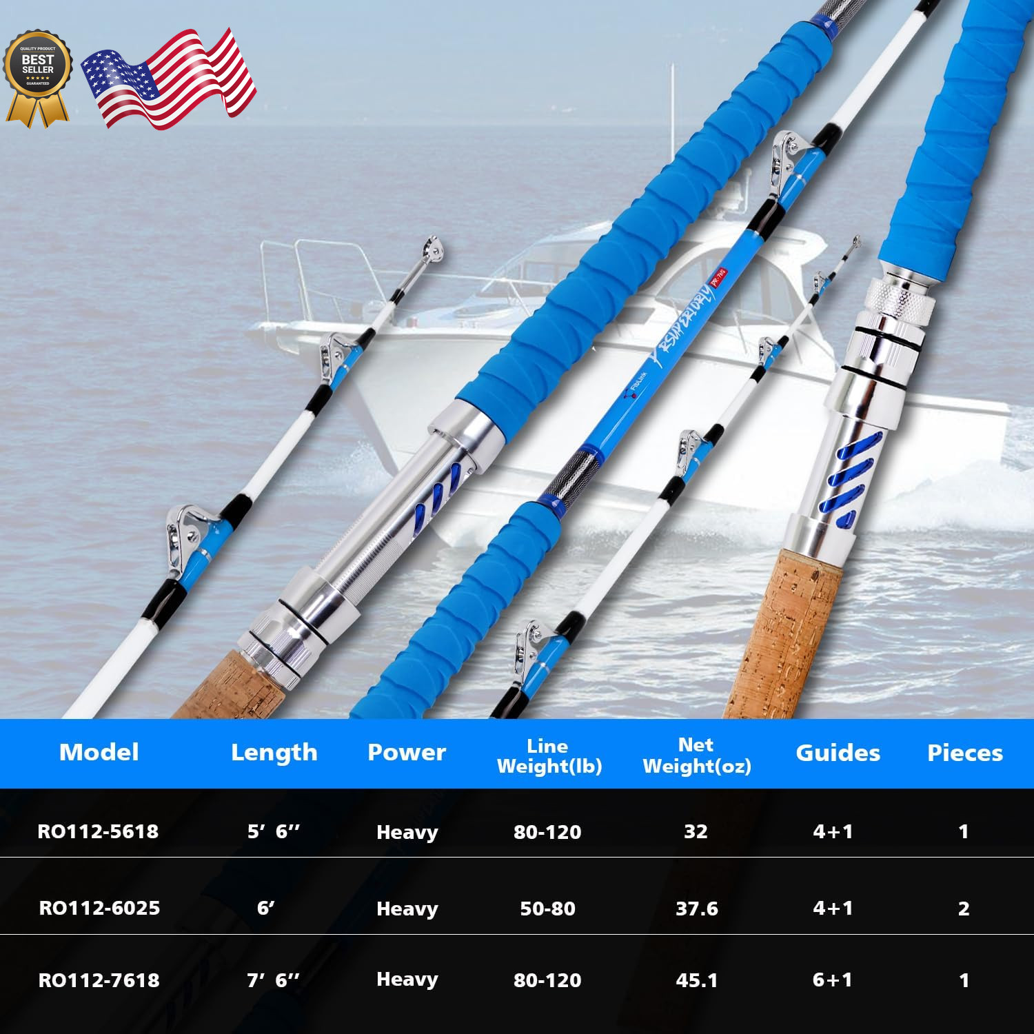 Fiblink Saltwater Fishing Rod Heavy Duty Trolling Rod Conventional Boat Stand