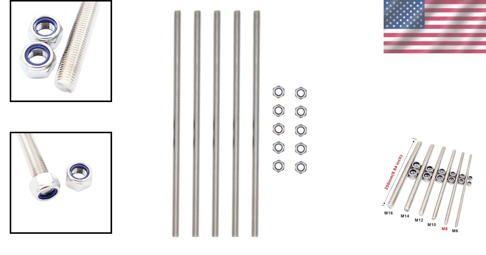 5 Pack M8x250mm Stainless Steel Threaded Rod Studs