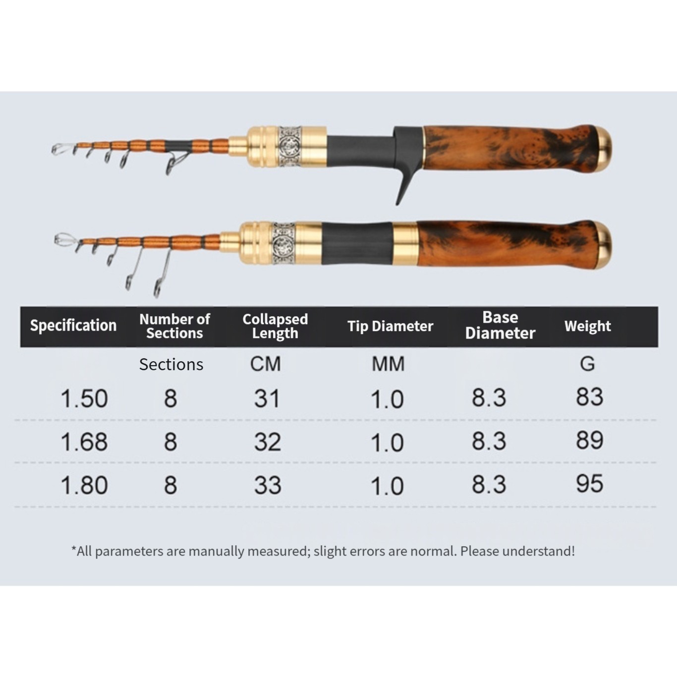 UL Power Carbon Rod 1.5m 1.68m Wood Handle Collapsible Travel Fishing Rod