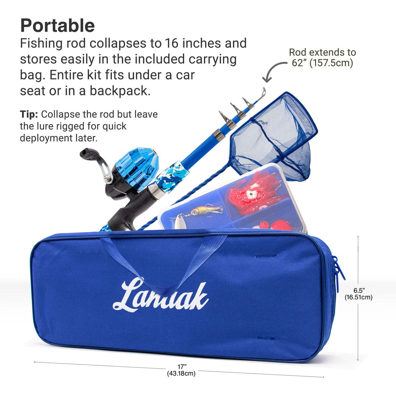 Lanaak Kids Fishing Pole and Tackle Box – with Net, 1.5m or 4.9 FT, Blue