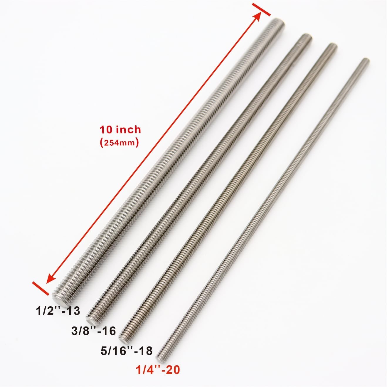 10″ Long 1/4″-20 Stainless Steel Threaded Studs – Rust & Corrosion Resistant