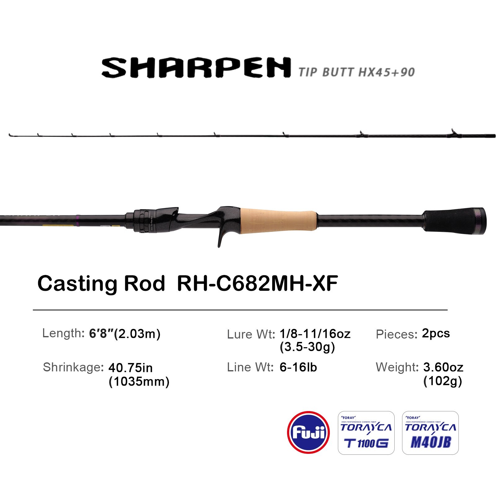 PURELURE SHARPEN RH-C682MH-XF 2-Piece Casting Fishing Rod