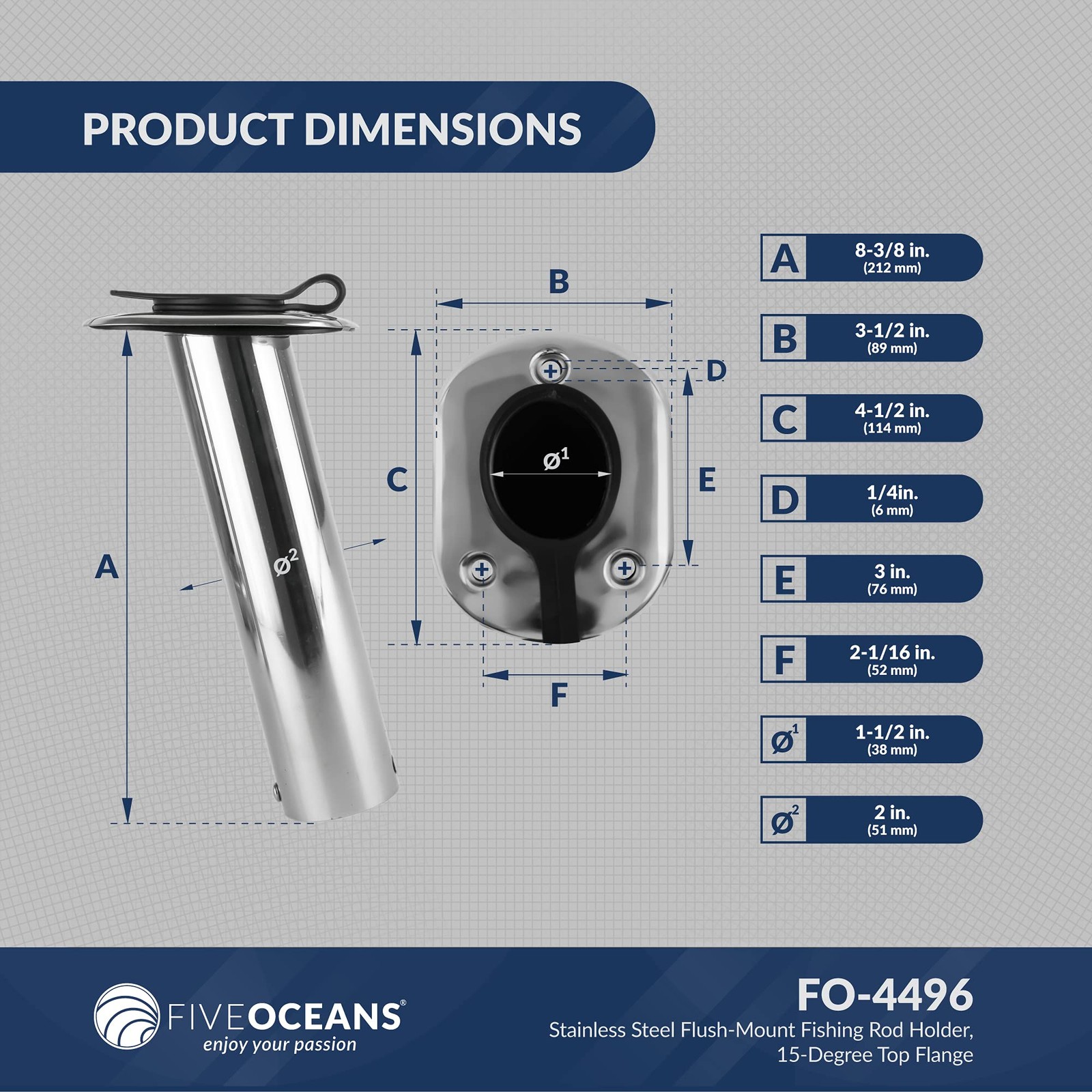 Five Oceans Stainless Steel Flush-Mount Fishing Rod Holder 15-Degree Top Flange