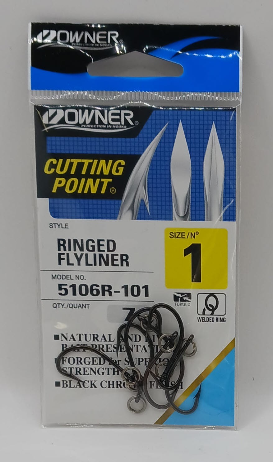 Owner 5106R-101 Flyliner Live Bait Hook Welded Ring Black Chrome Size 1 7Ct