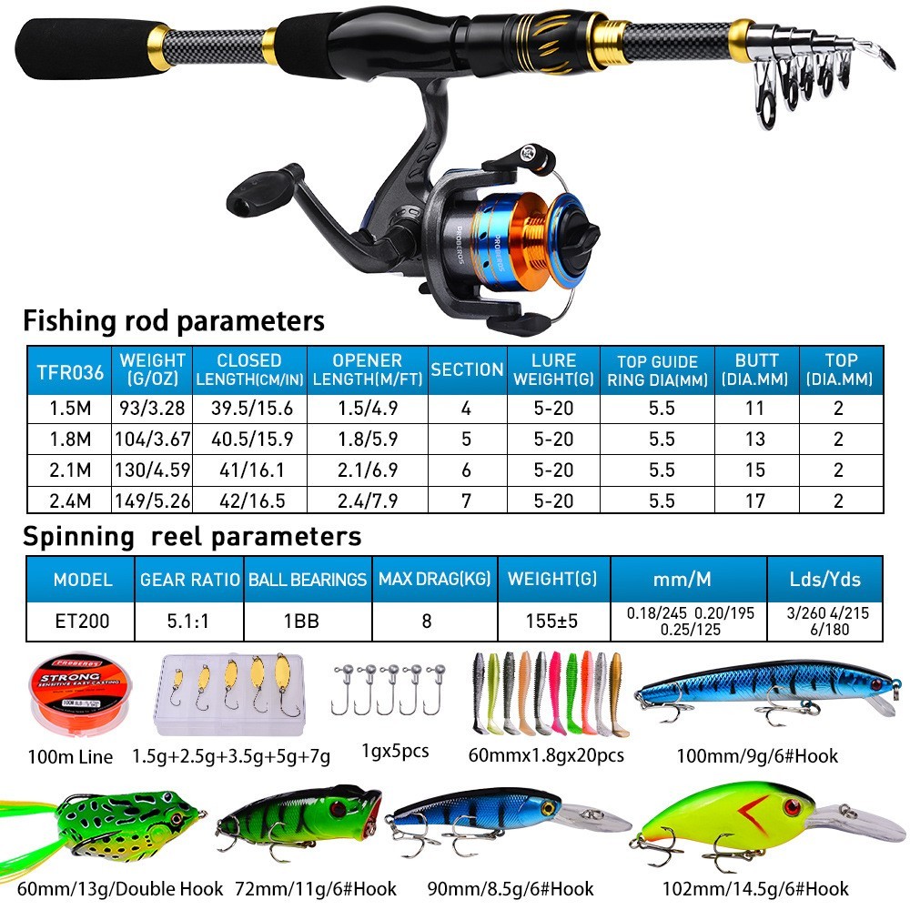 39Pcs Telescopic Fishing Rod Reel Line LureCombo Set Casting Rod Spinning Reel