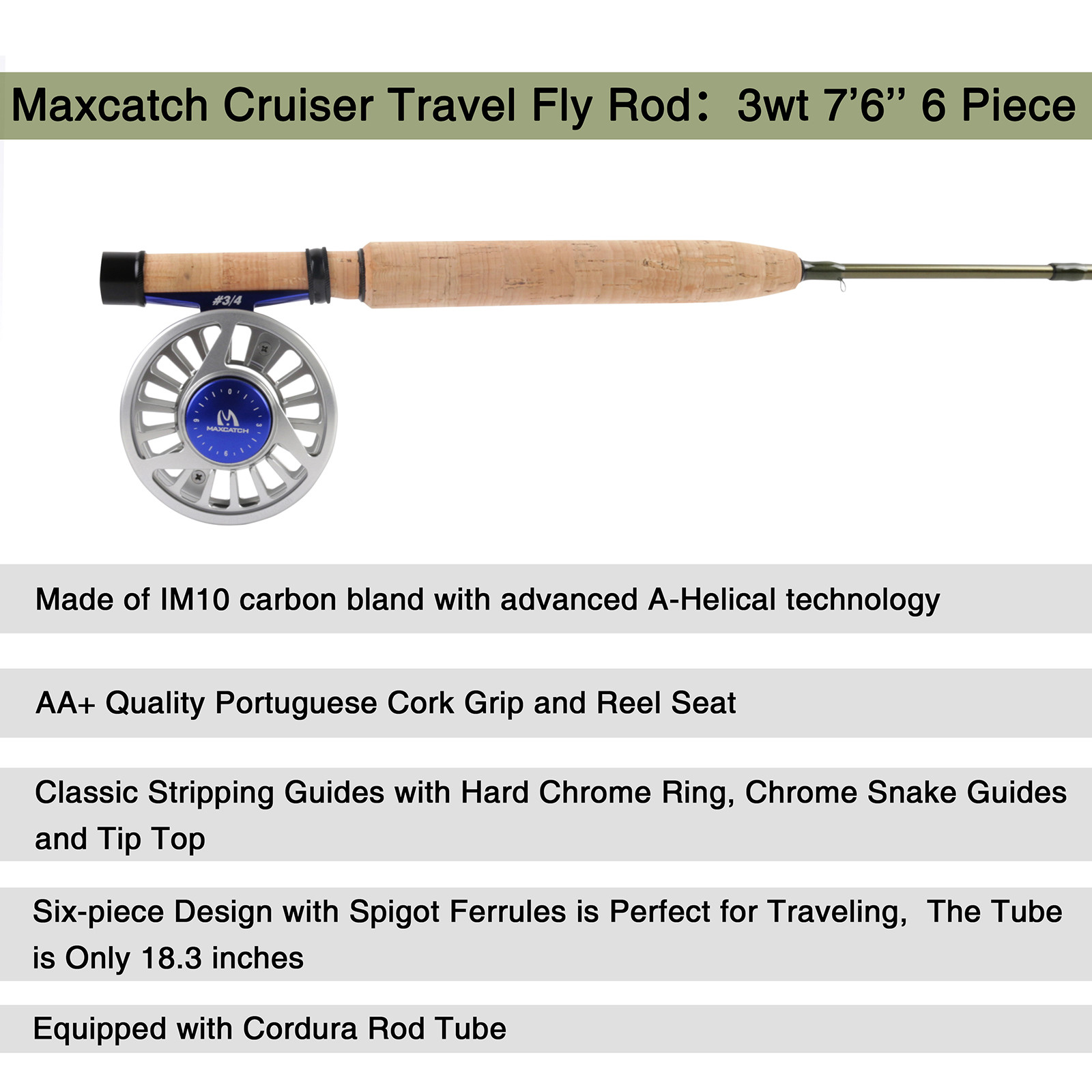Maxcatch Travel Fly Fishing Rod 2/3/4wt 7’6” 6Pcs,IM10 Carbon Blank,Fast action