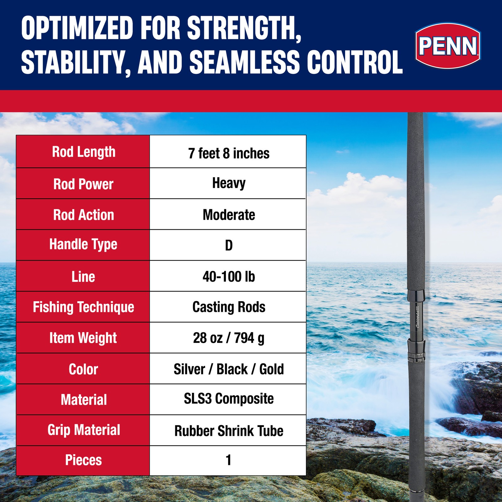 PENN Carnage III West Coast Boat Conventional Rod, 7’8″ Fishing Pole,Heavy Power