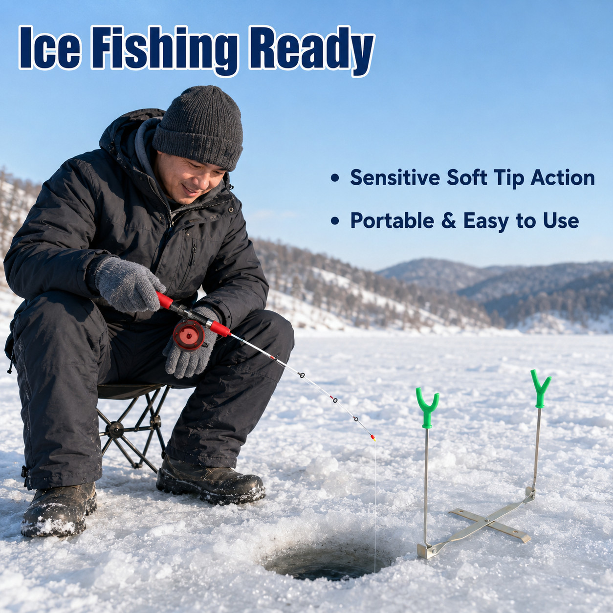 Panfish Ice Fishing Rod Set, 1.2m Fiberglass Ice Fishing Combo with Spinning