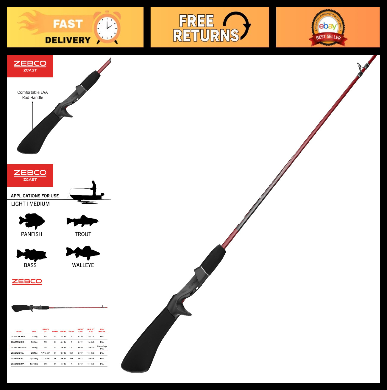 Durable 2-Piece Casting Fishing Rod, EVA Handle, Shock-Ring Guides, Z-Glass Pole