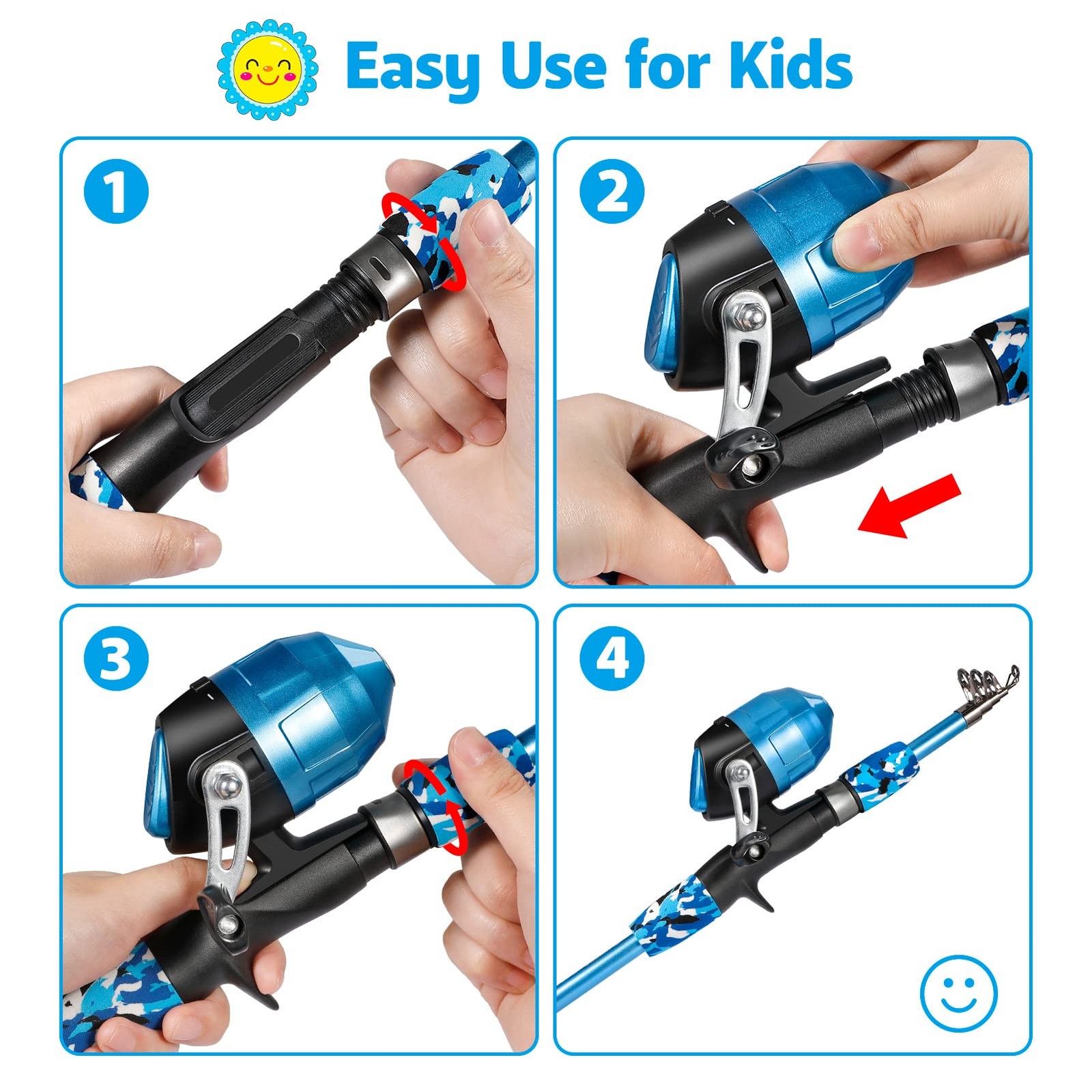 PLUSINNO Kids Fishing Pole with Spincast Reel Telescopic 4FT / 1.2M, Blue