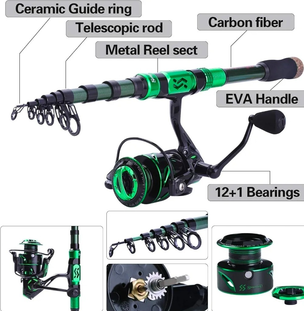 Sougayilang Fishing Rod and Reel Set Carbon Fiber Telescopic Rod 12+1BB 7.87ft