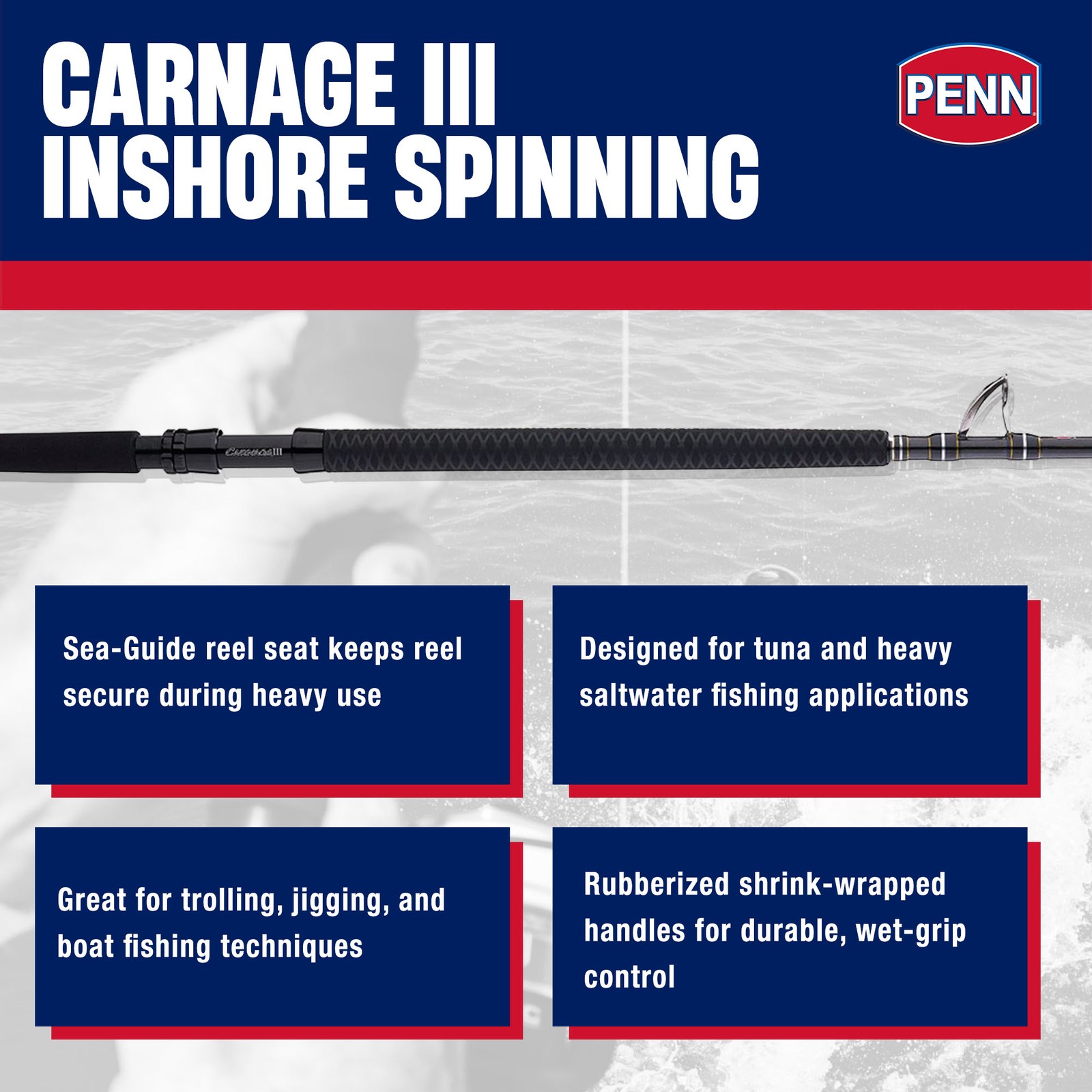 PENN Carnage III West Coast Boat Conventional Rod, 7’6″ Fishing Pole,Extra Heavy