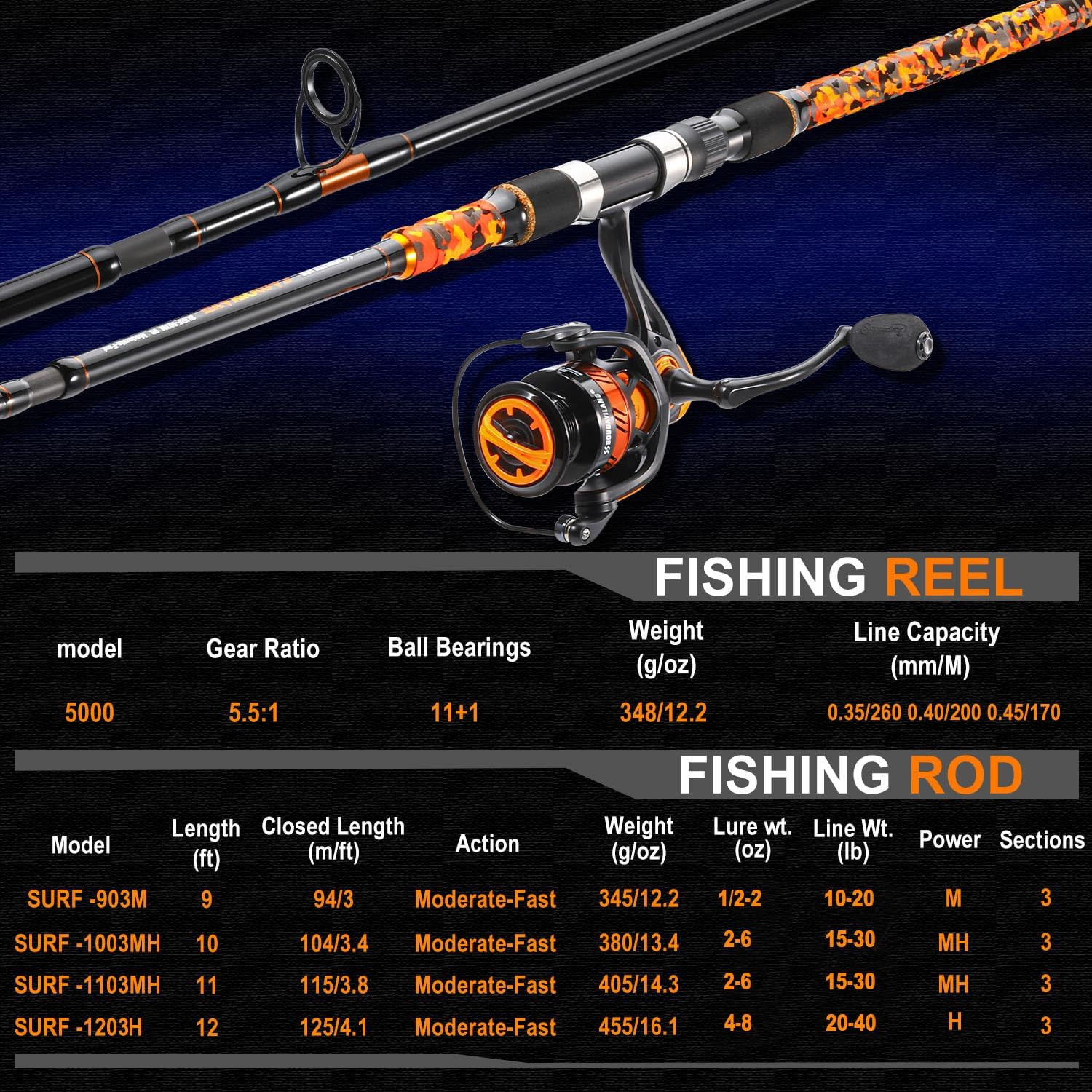 3 Piece Surf Fishing Rod Combo Medium/Heavy Travel Spinning Rod with 5000 Size R
