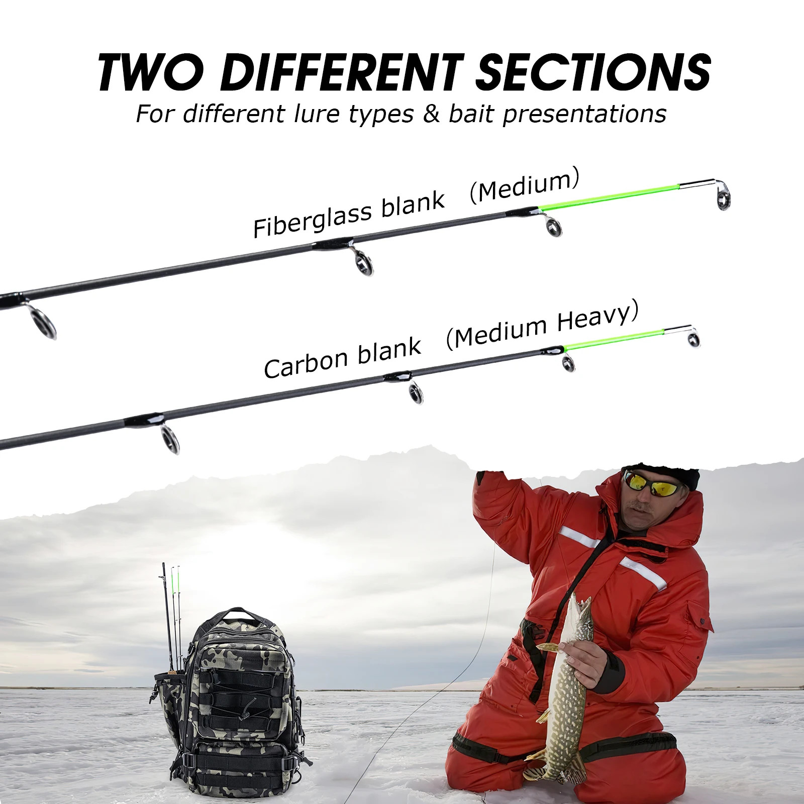 2 Tips Winter Ice Fishing Rods 32″ Spinning Rod M+MH Cork Handle Ice Pole UltraL