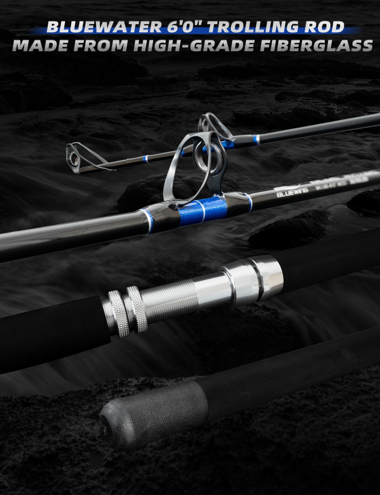 BLUEWING 6’0” Bluewater Trolling Fishing Rod 1pc Fiberglass Rod Moderate Fast