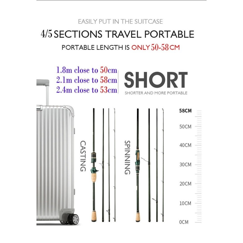 Spinning Casting Carbon Fishing Rod 4-5 Sections 1.8m/2.1m/2.4m Travel Rod