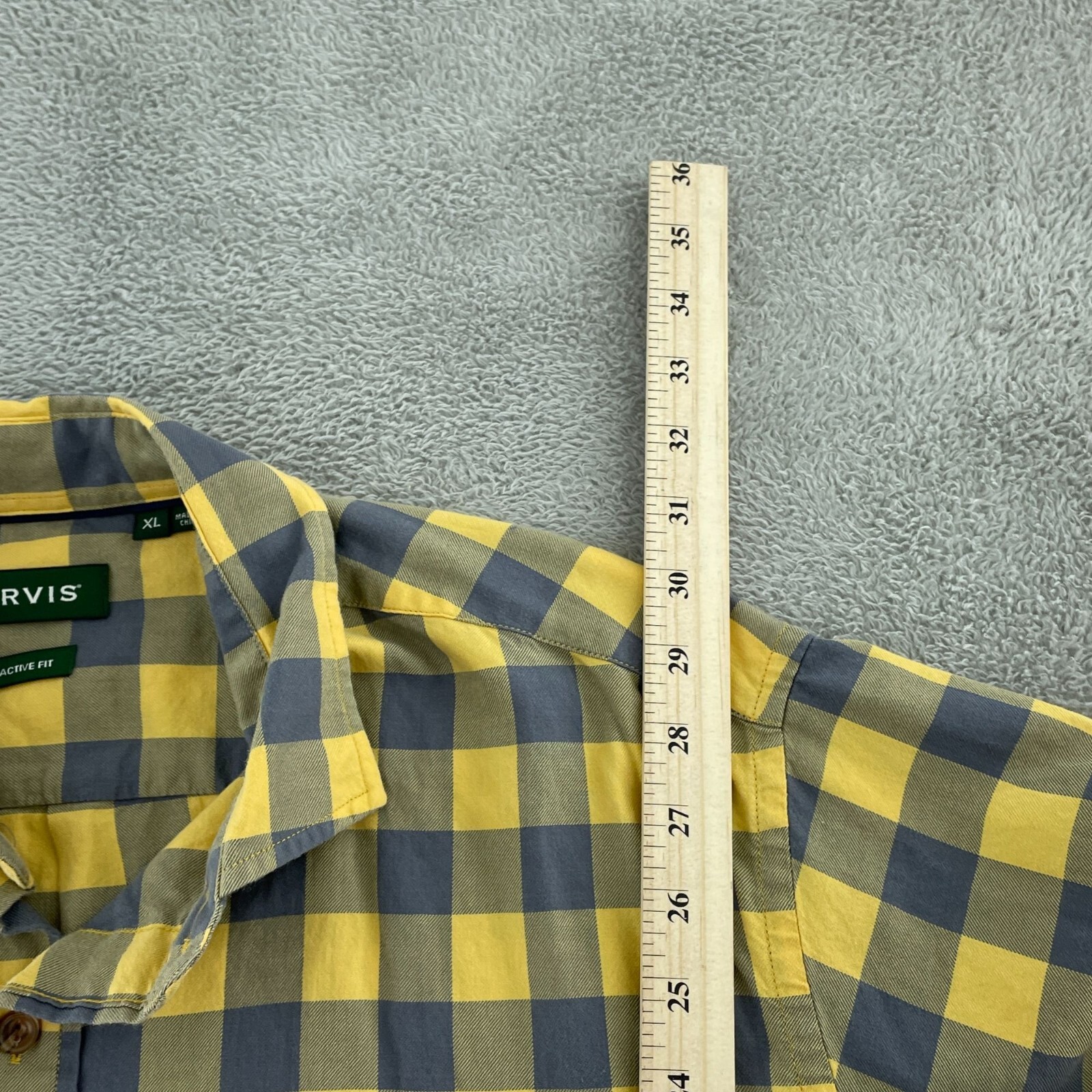 Orvis Mens Yellow & Gray Plaid Short Sleeve Shirt XL Active Fit 4501