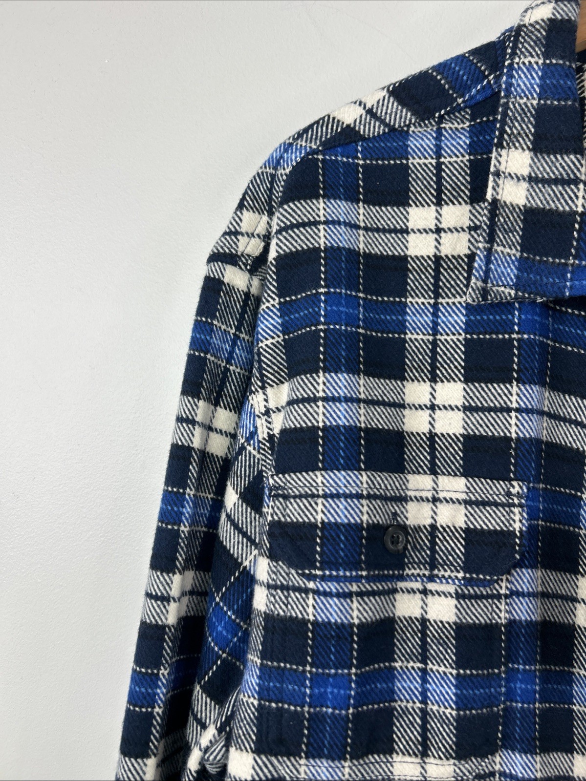 Orvis Mens XXL Blue White Plaid Flannel Pockets Heavyweight Outdoor Shirt Jacket