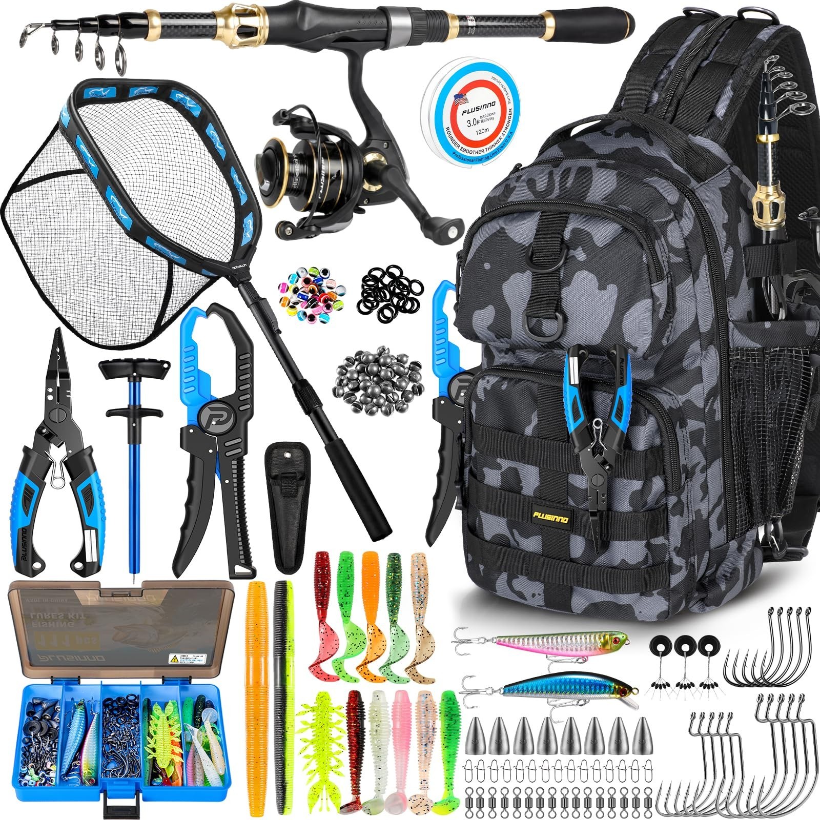 PLUSINNO Fishing Rod Reel Combo Kit w/ Backpack Net Tackle Full Gear Set