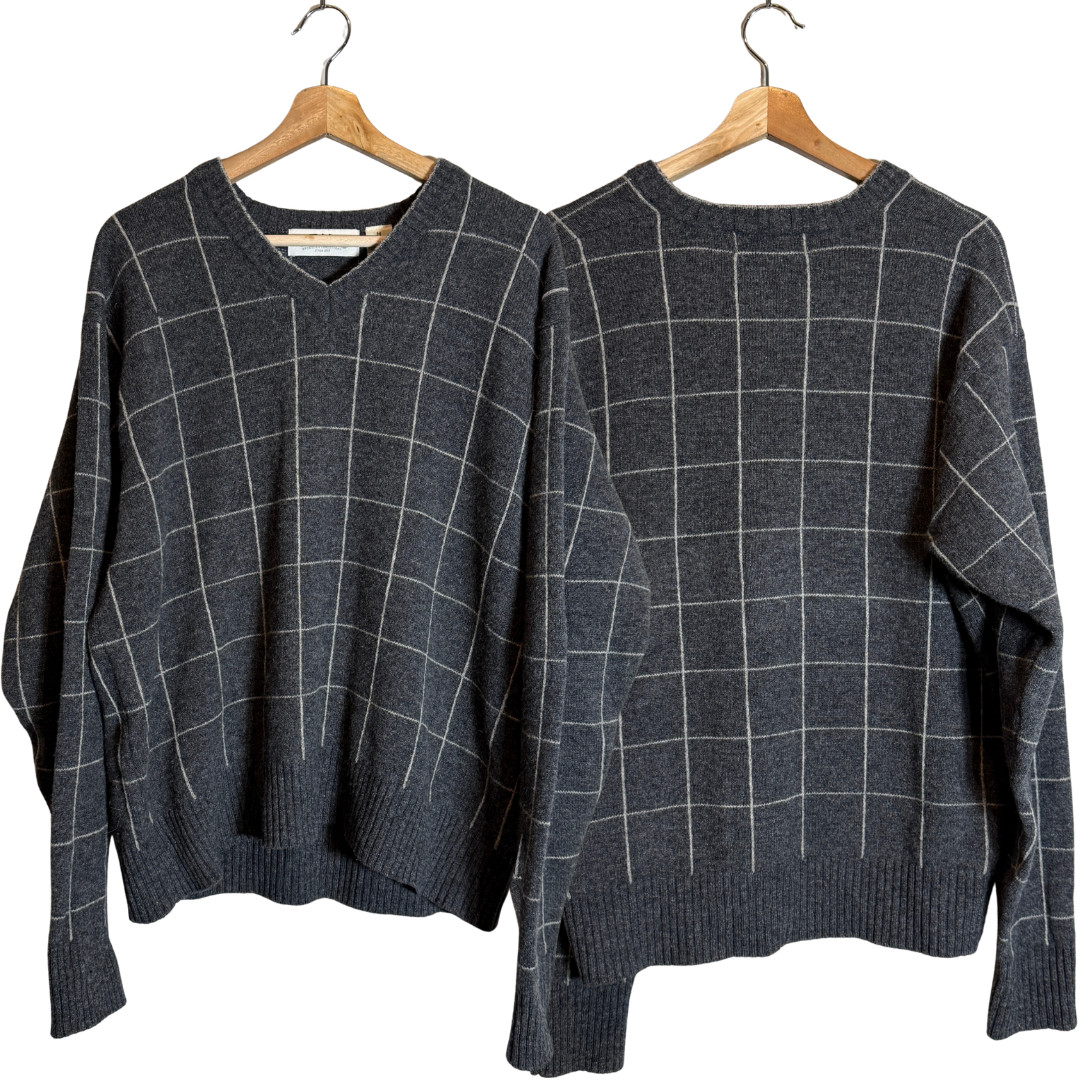 Orvis 100% Wool Windowpane V-Neck Knit Sweater Pullover Men’s Medium Gray NWOT