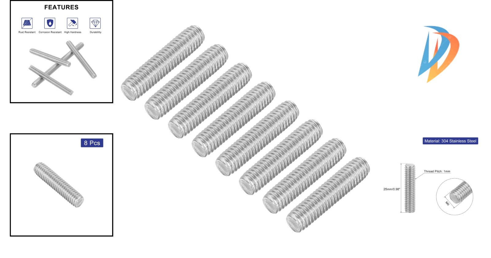 Durable 8pcs Fully Threaded Rods M6 x 25mm – Grade 304 Stainless Steel