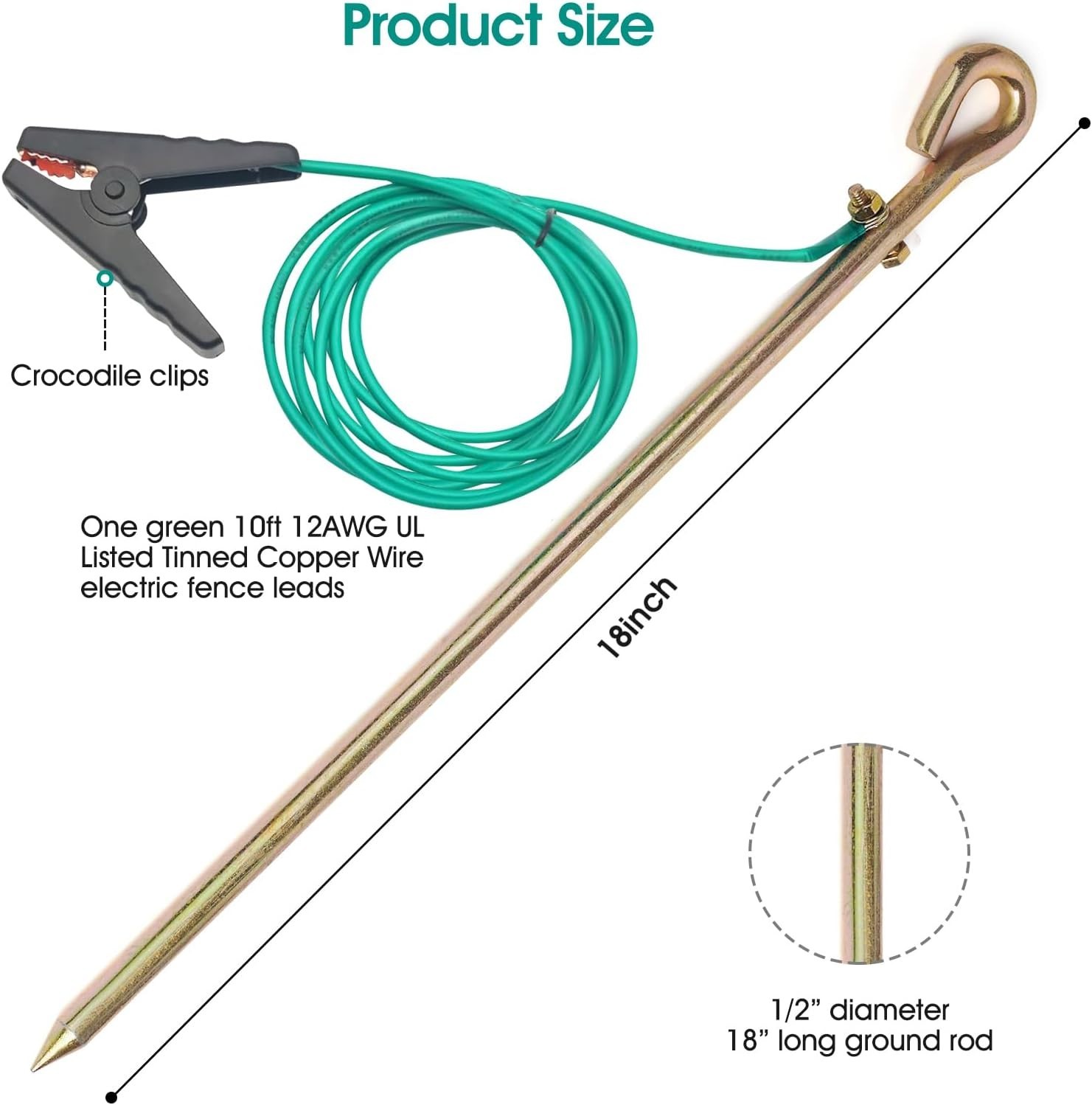 Set of 2 Portable Ground Rods with 4ft Listed Grounding Wire & Crocodile Clip