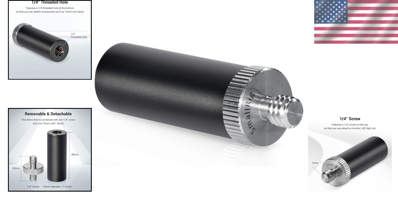 Compact 15mm Micro Rod 1.5 Inches with 1/4” Male & Female Threads for Cameras