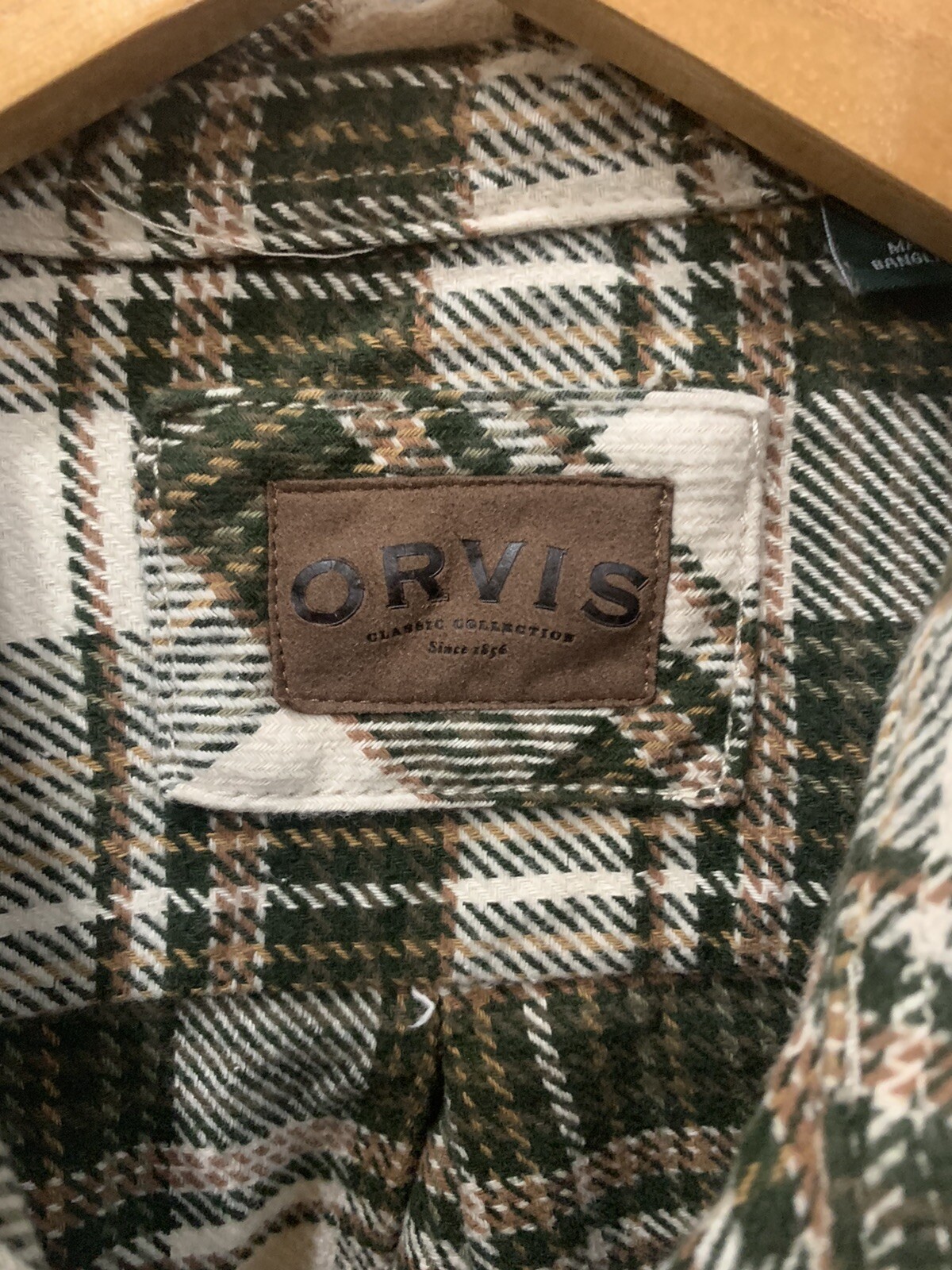 Orvis Men’s Flannel Plaid L/S Shirt Jacket Green & Ivory Side Pockets Size L EUC
