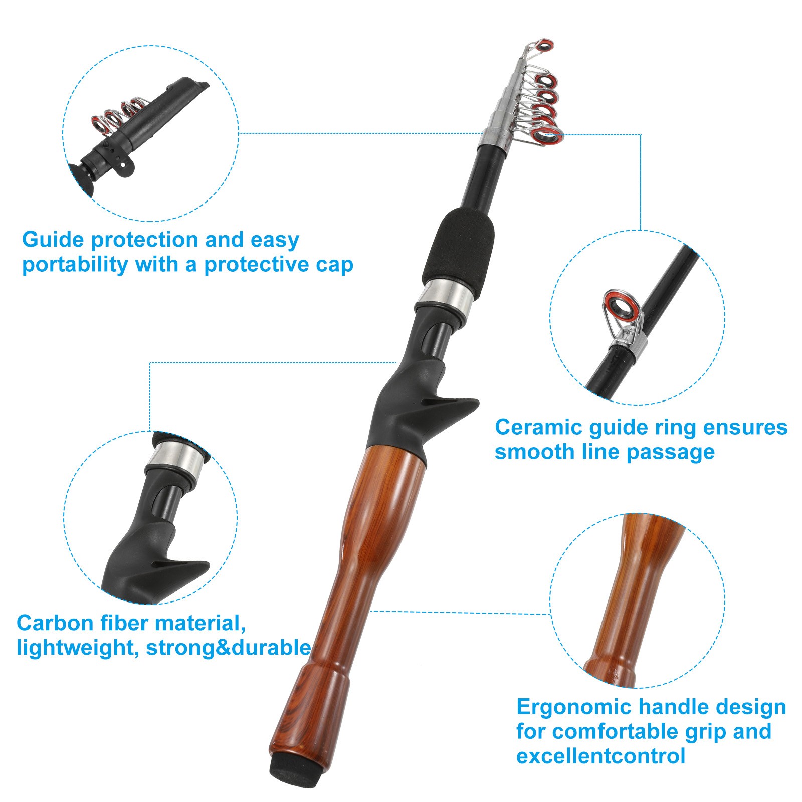 Telescopic Fishing Rod 1.6 M, Fiberglass Fishing Pole, Black & Wood Color