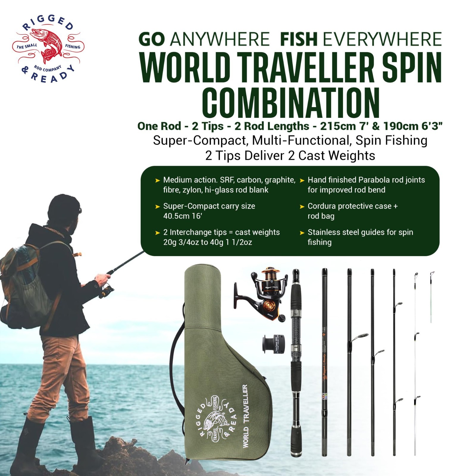 World Traveler Compact Travel Fishing Rod-Reel-Case combo Spin & General Fishing