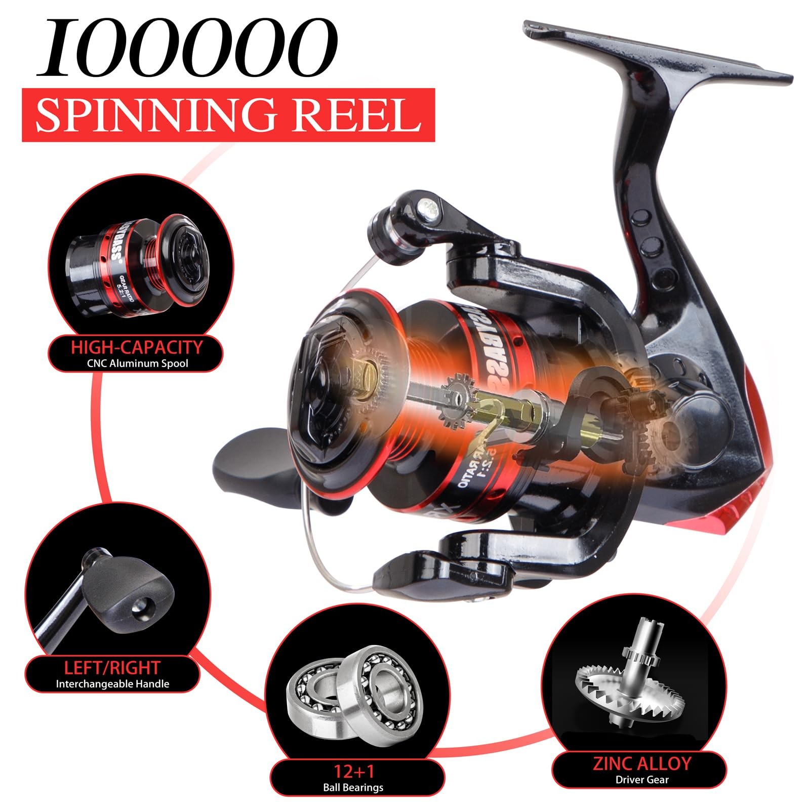 I00000 Black/Red 5.9ft Fiberglass Telescopic Fishing Rod & Reel Combo