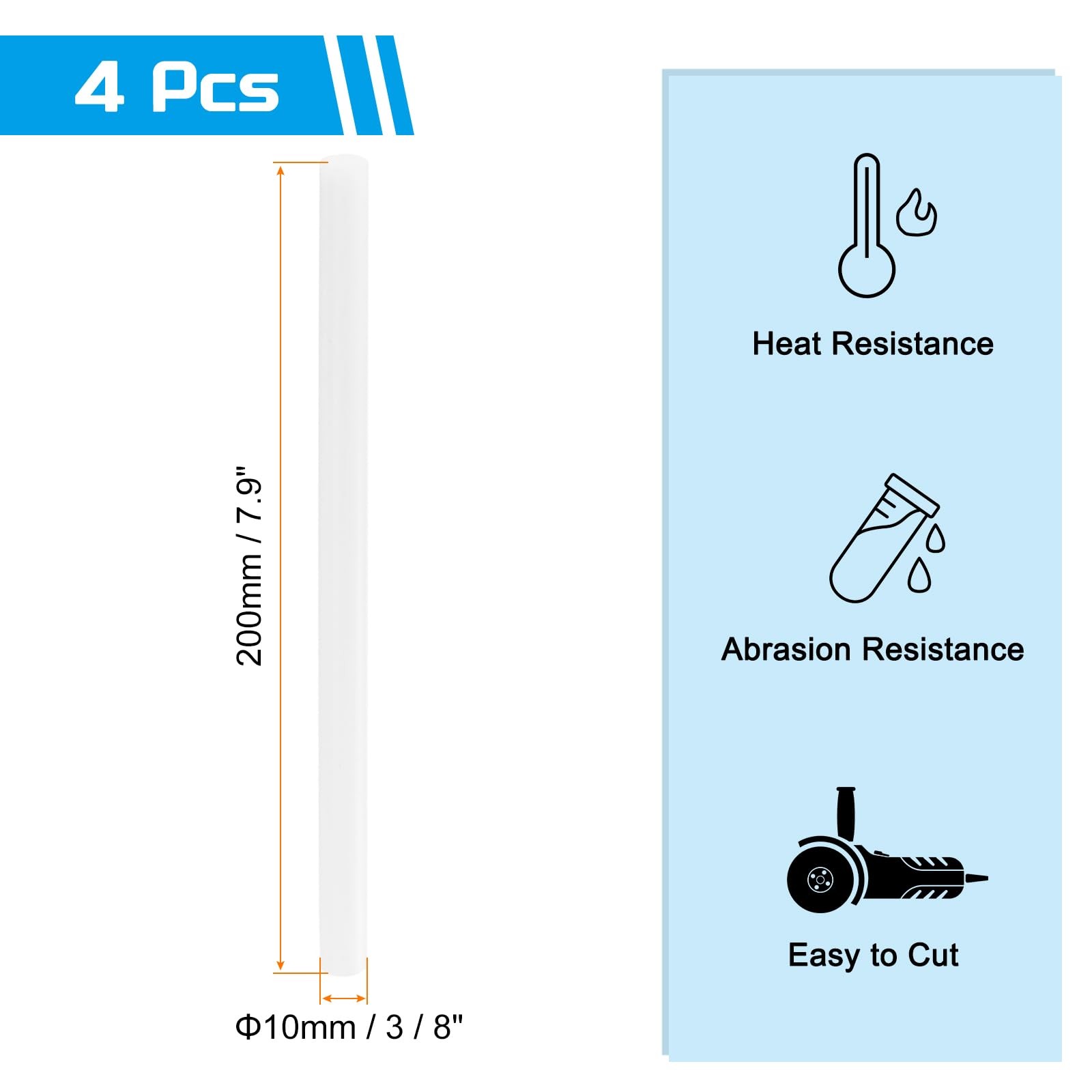 4 Pack ABS Plastic Rod Round Solid Bar 10mm x 200mm White DIY Model Material