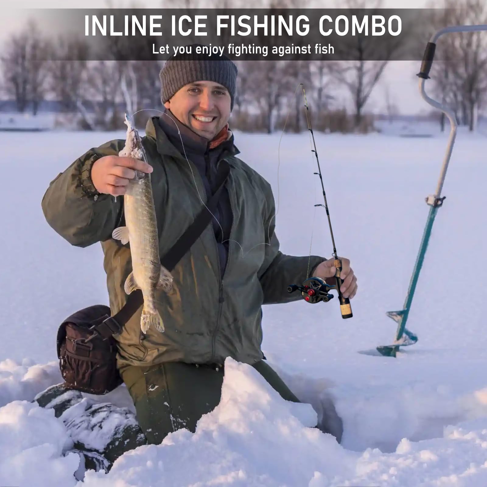 QualyQualy 24″ M/ML Ice Fishing Rod & Reel Combo, 2 Tips – Walleye, Perch, Trout