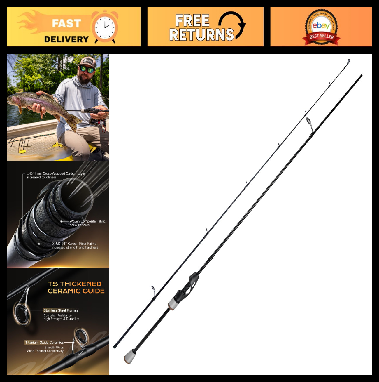 Ultralight 2-Piece Fishing Rod – Spinning & Baitcaster, 24T Carbon Fiber, EVA Ha