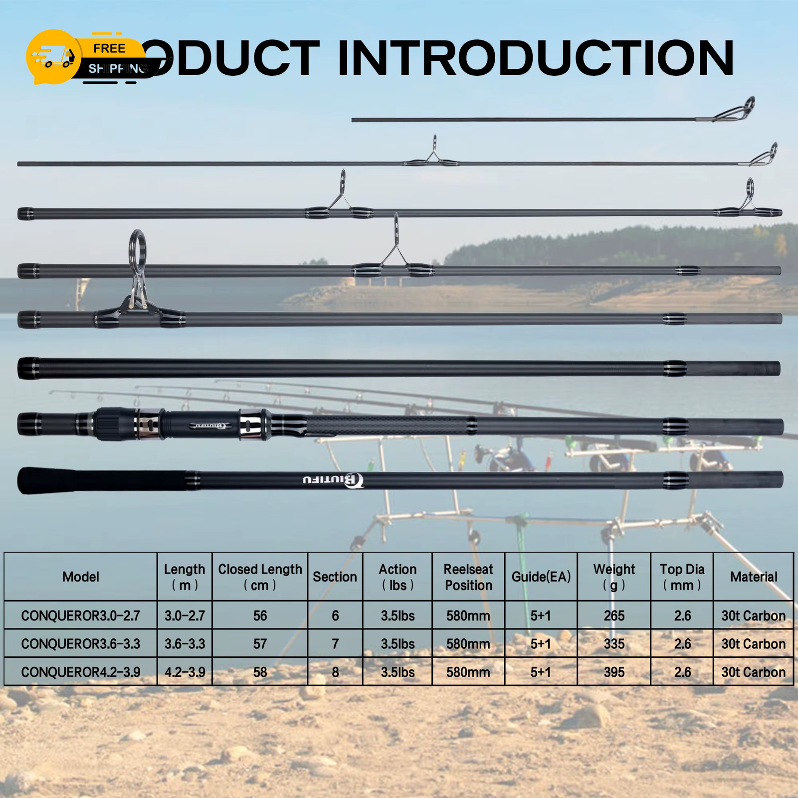 Biutifu 2tips Carp Fishing Rod 3.5lb 7sections 4.2/3.6/3.0m 30t Carbon Fiber Tra