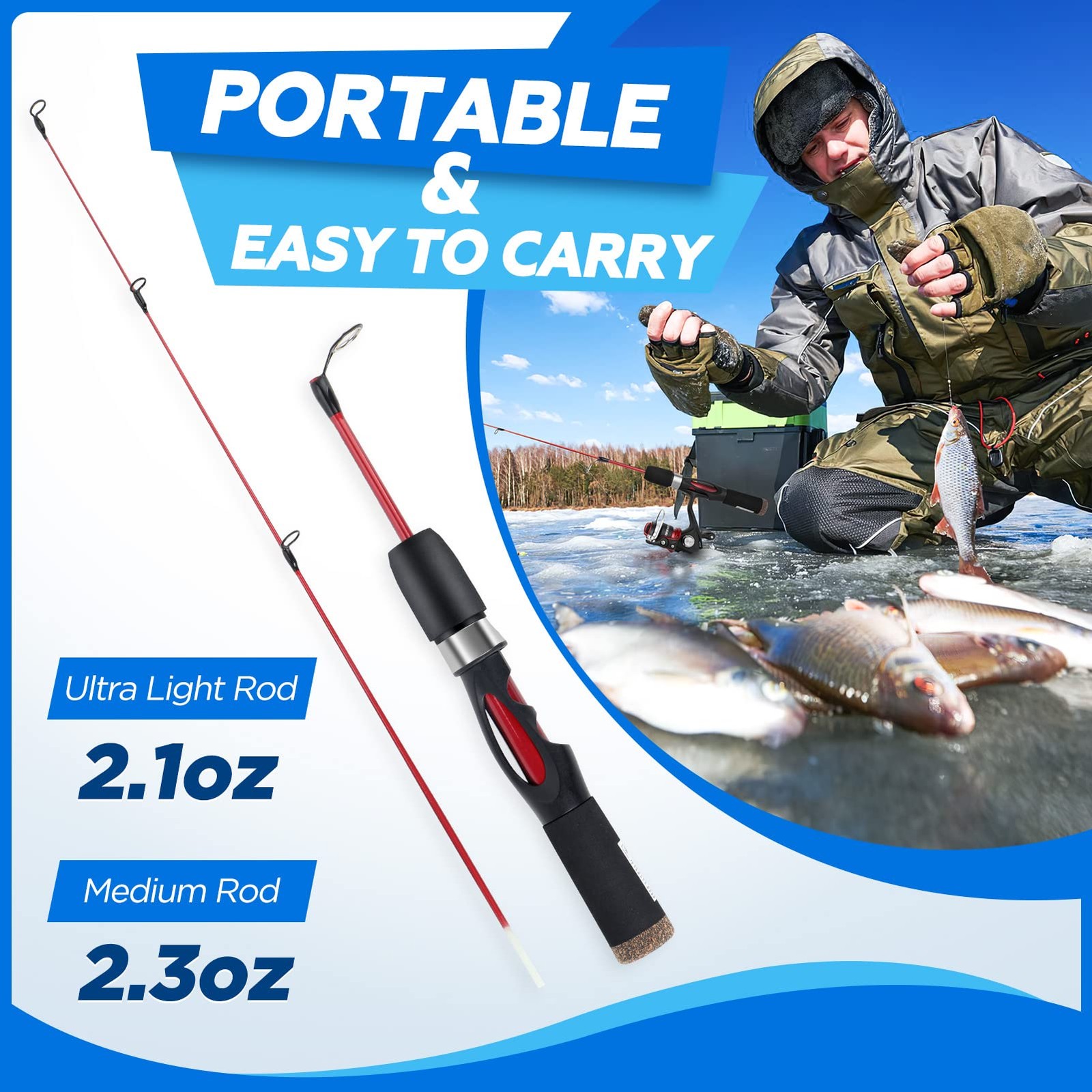 PLUSINNO Ultralight Ice Fishing Rod & Reel Combo 25-28″ Sensitive Carbon