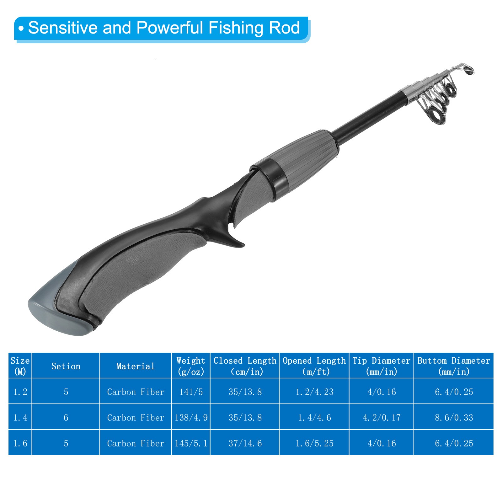 Telescopic Fishing Rod 1.4 M, Fiberglass Fishing Pole, Grey & Black