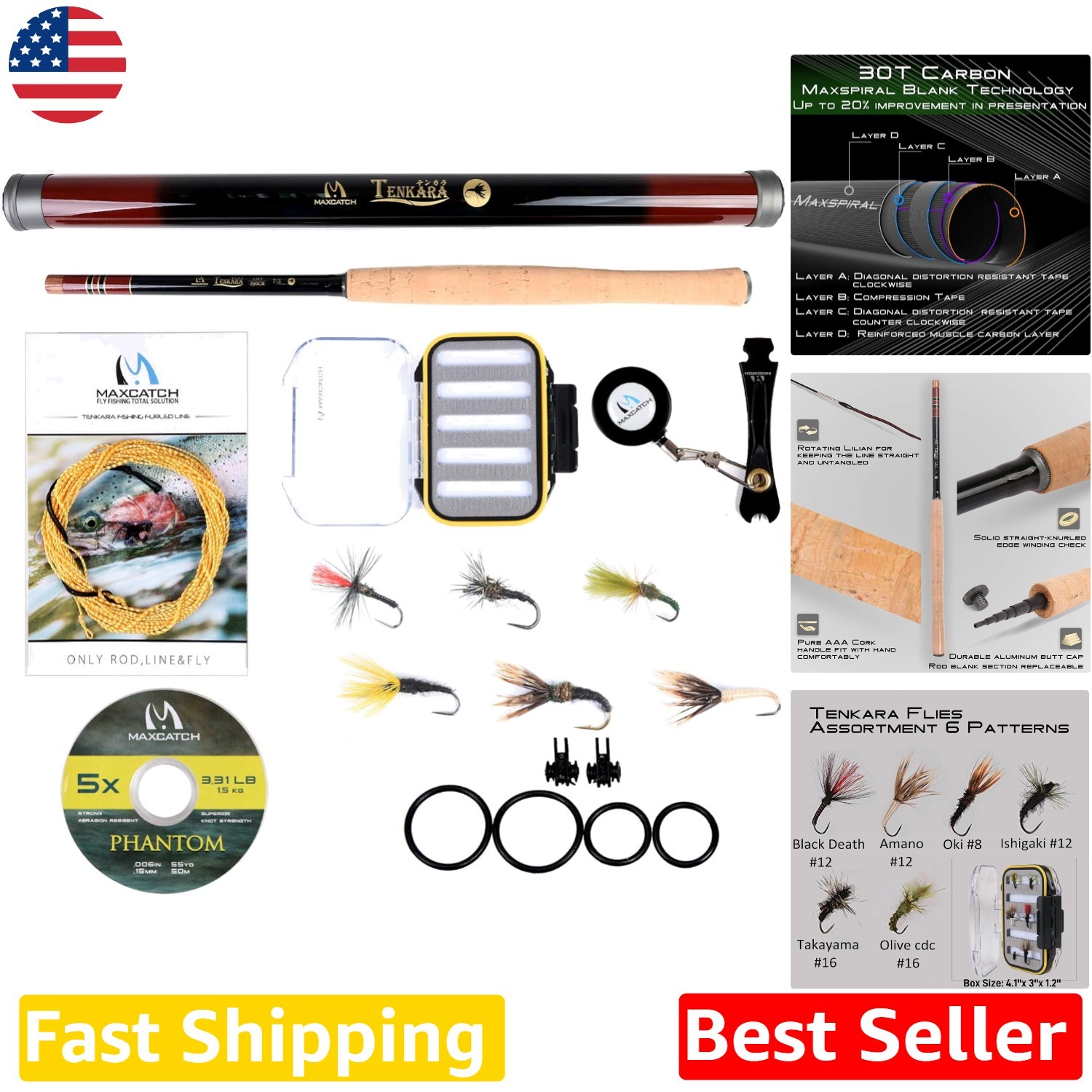Complete Tenkara Fly Fishing Combo, 13ft Rod, IM8+10 Carbon, Trout, Ready to Go