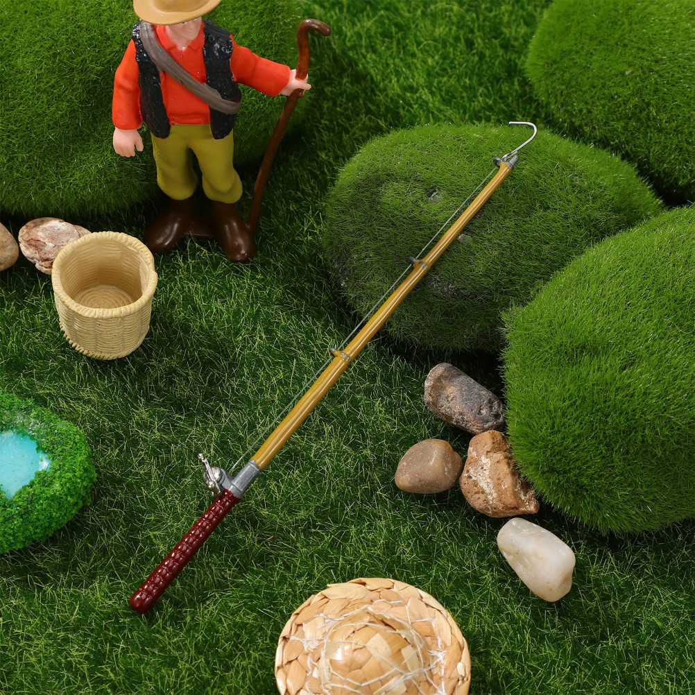 Miniature Small Fishing Pole Model Alloy Fishing Rod for Mini House Decor