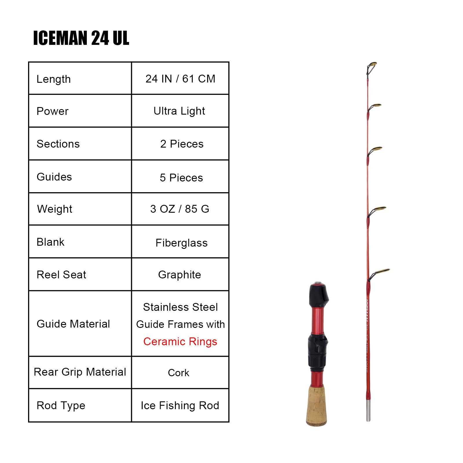 CAMEKOON Iceman 2-Pieces Ice Fishing Rod w/ Fiberglass Blank Ceramic Guide Rings