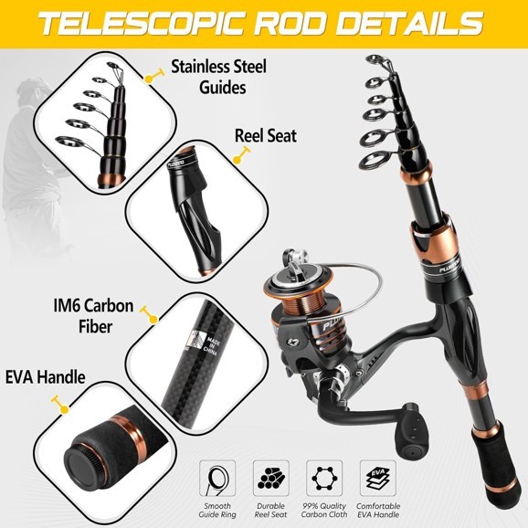 Fishing Rod and Reel Combos, Carbon Fiber Telescopic Rod 12+1 Bearings Spinning
