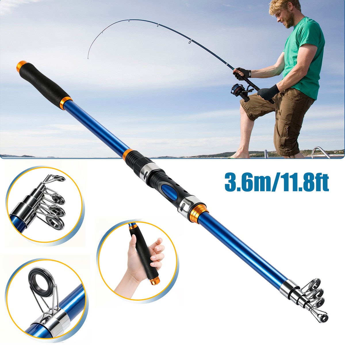 11.8FT Carbon Fiber Telescopic Fishing Rod Pole Sea Saltwater Freshwater Blue