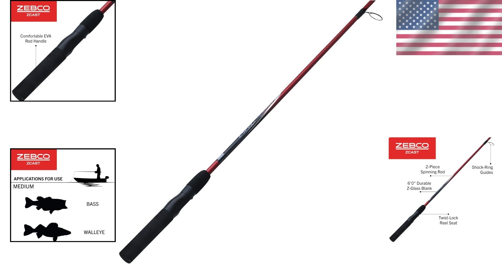 Professional 6′ Medium Power Z-Glass Spinning Rod for All Water Conditions